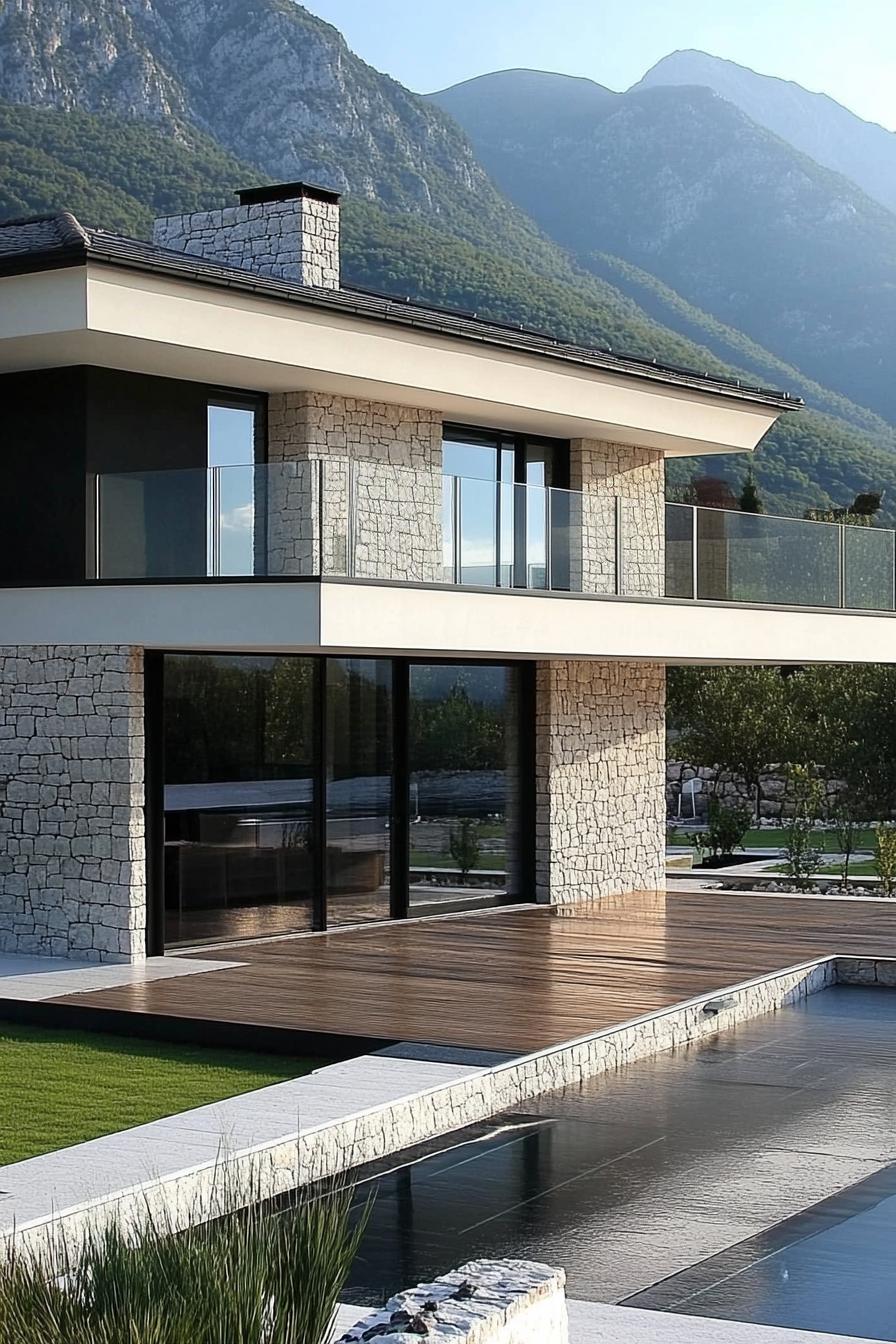 Contemporary villa with stone walls and glass railings