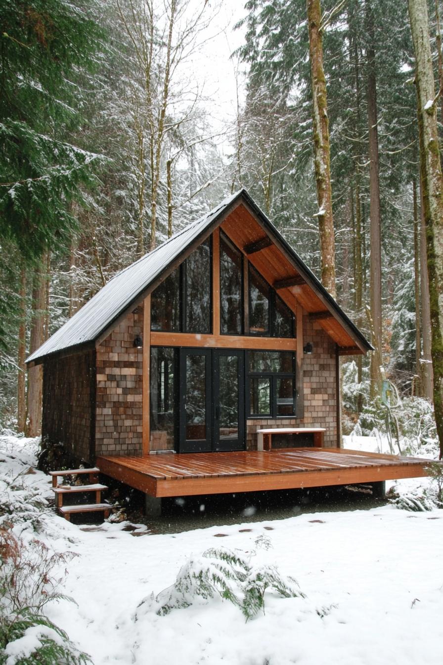 A tiny A-frame cabin surrounded by snowy woods