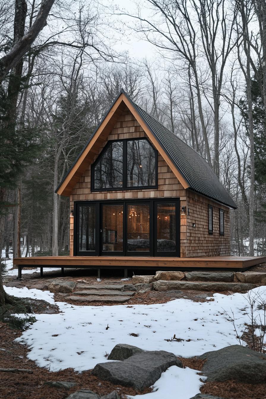 Tiny A-frame cabin nestled in snowy woods with large windows