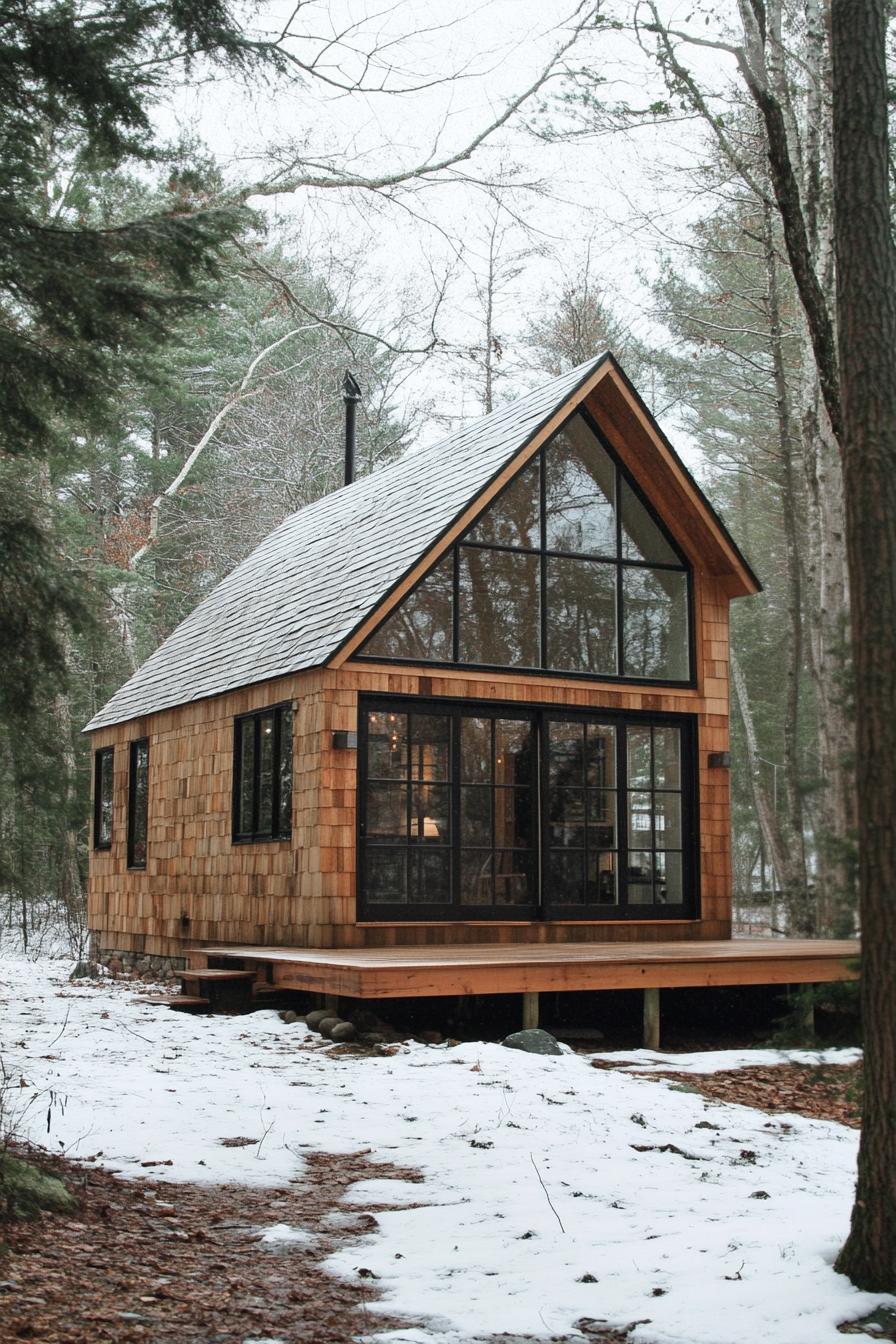 Small wooden cabin surrounded by trees in a snowy landscape