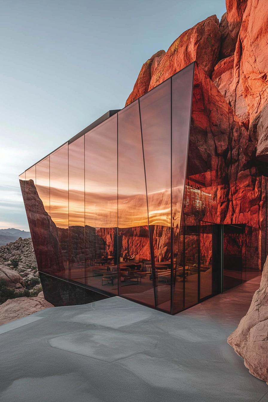 Unique architecture building design glass facade with tinted red hues irregular geometric shape integrated into a rock formation reflective glass