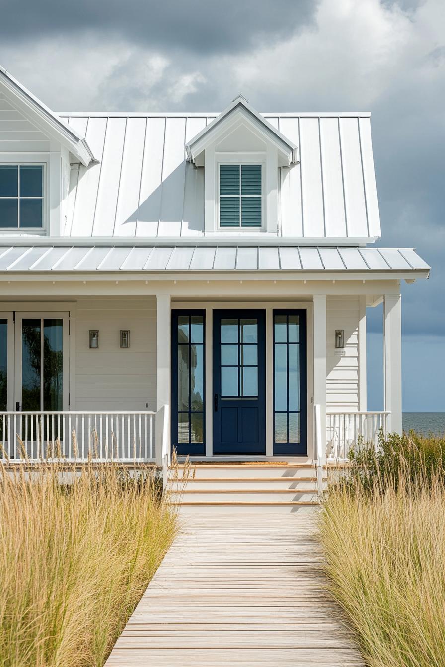 White coastal house with a blue front door and boardwalk