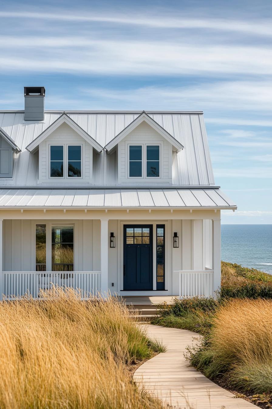 White coastal house with a blue door by the sea