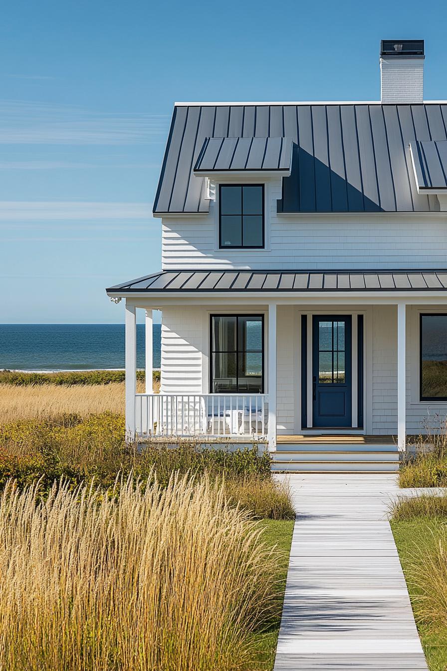 Charming white coastal house with a blue door by the sea