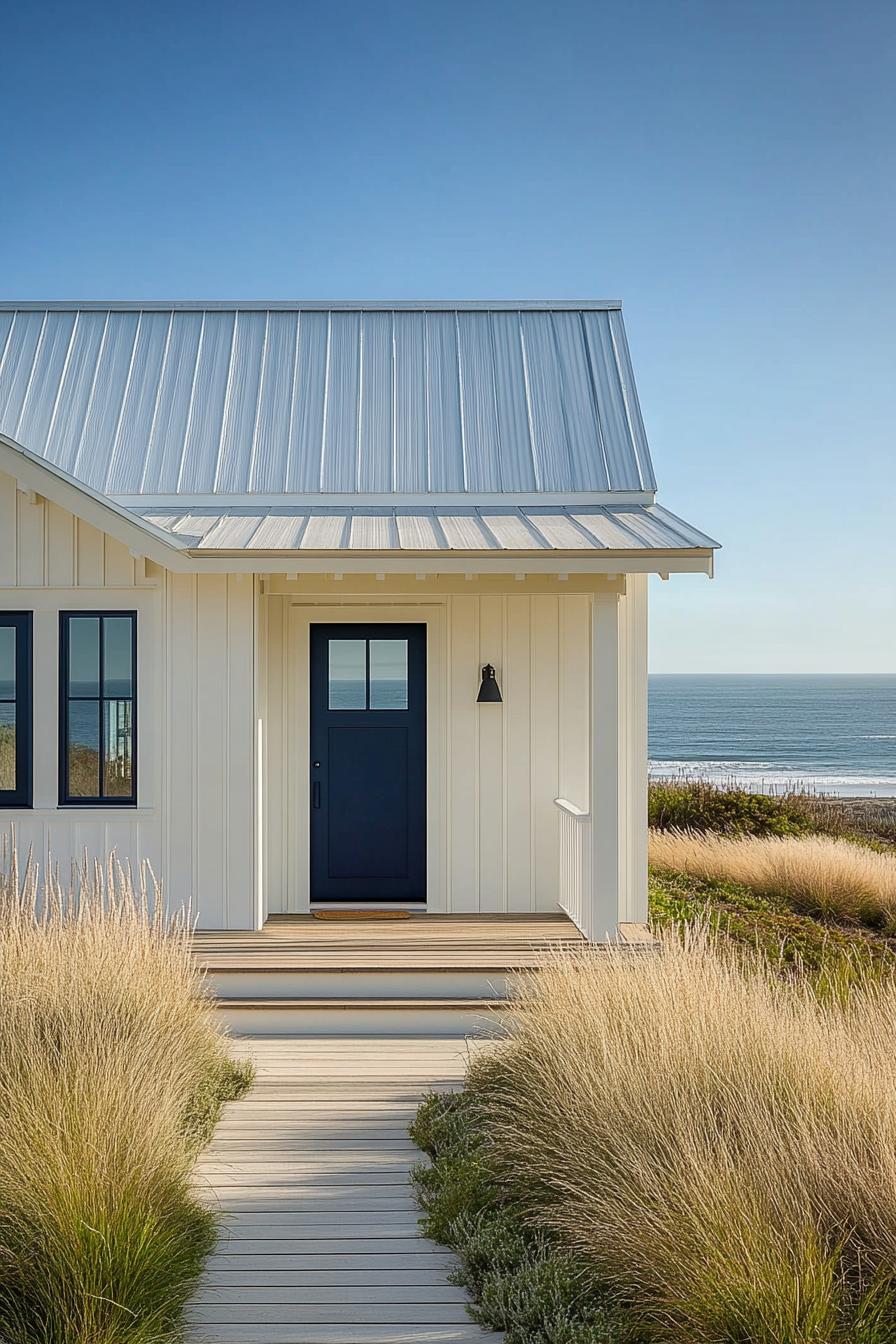 Cozy beach house with a blue door and ocean view