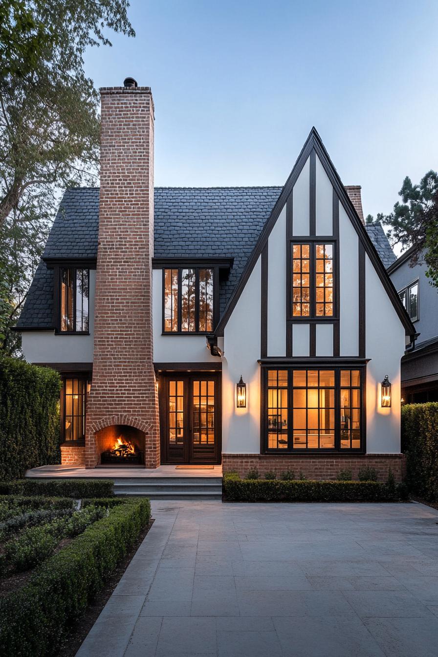 Modern Tudor cottage with large windows and brick chimney