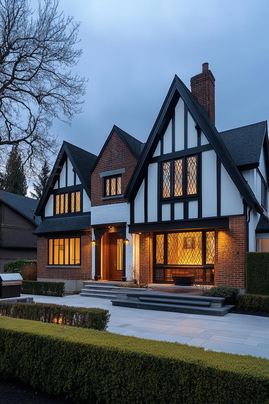 Cozy Tudor cottage with glowing lights and charming architecture