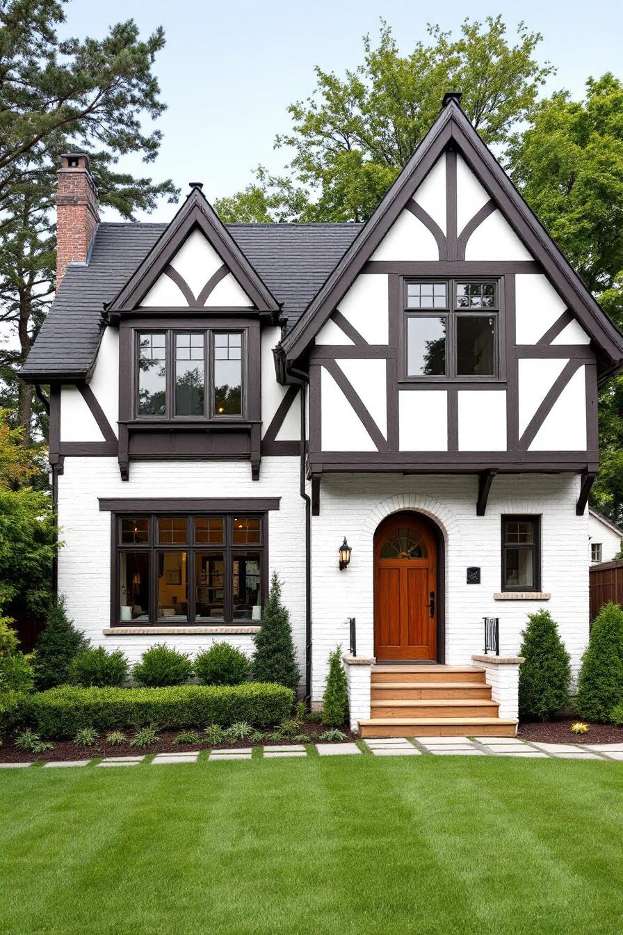 Tudor-style cottage with a wooden door and lush lawn