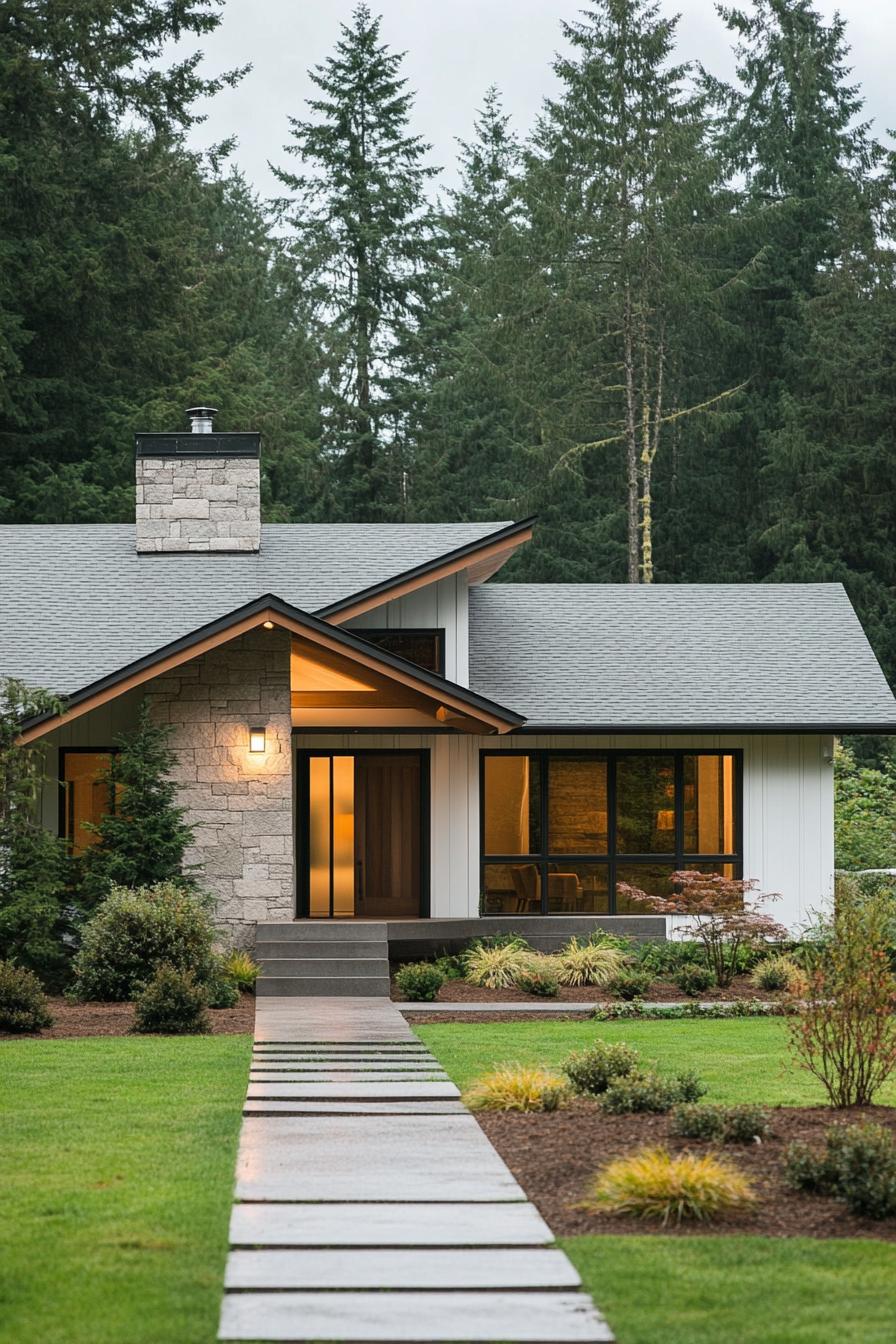 Modern cottage amidst towering trees