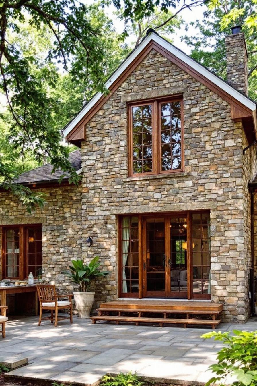 Stone cottage with wooden windows and patio