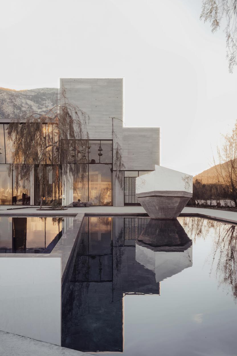 Modern house with geometric design and large pool reflecting its façade