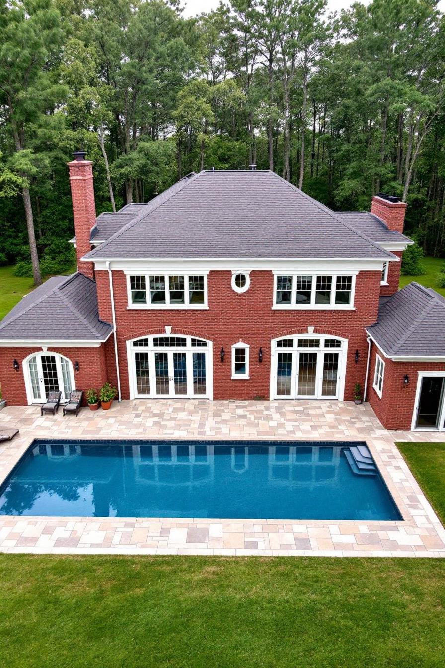 Red brick house with a pool and patio