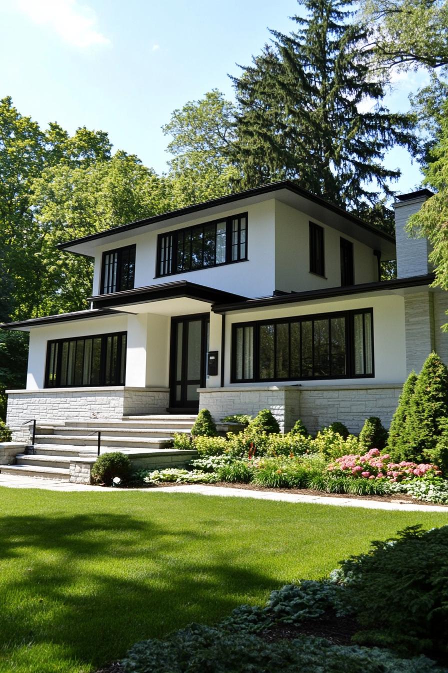 White house with black trim surrounded by lush greenery