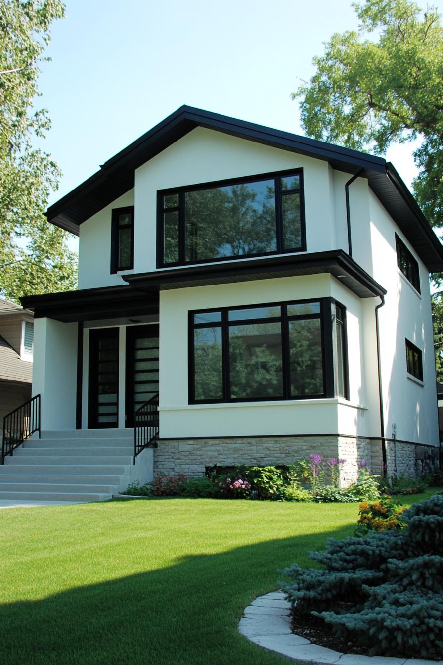 A white house with striking black trim and lush greenery