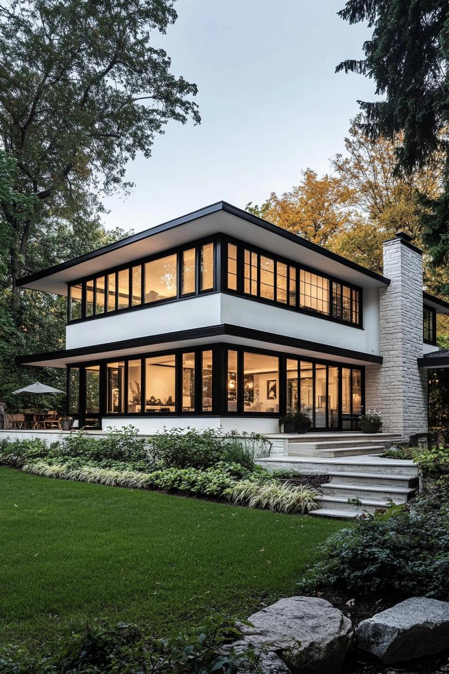 Chic two-story white house with black trim