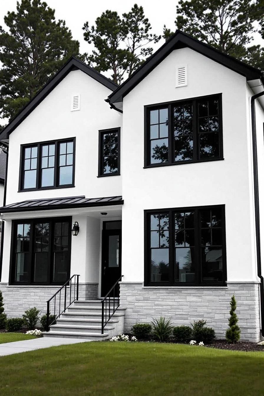 White house with dramatic black trims and lush green lawn