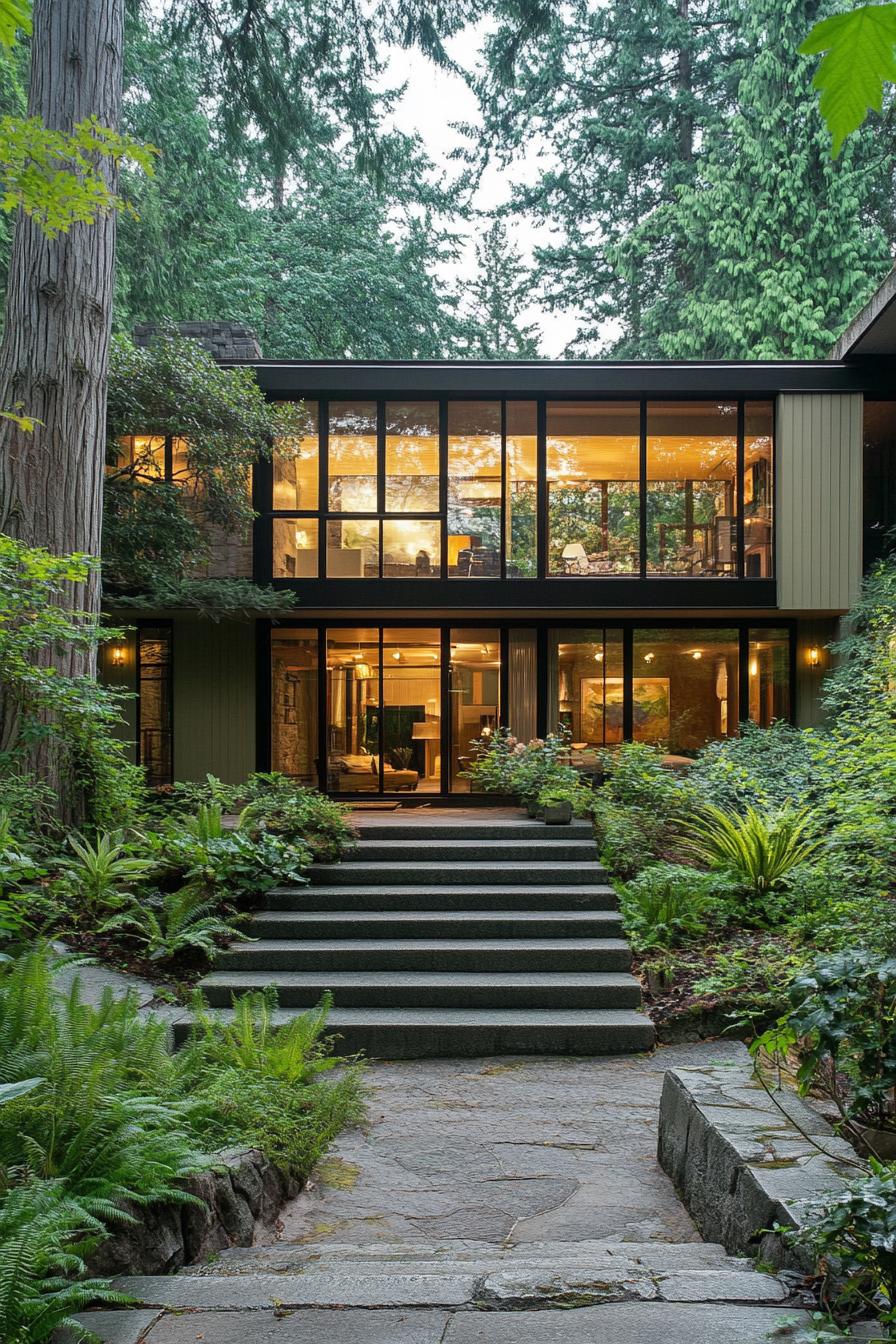 Two-story house with expansive glass windows surrounded by lush forest