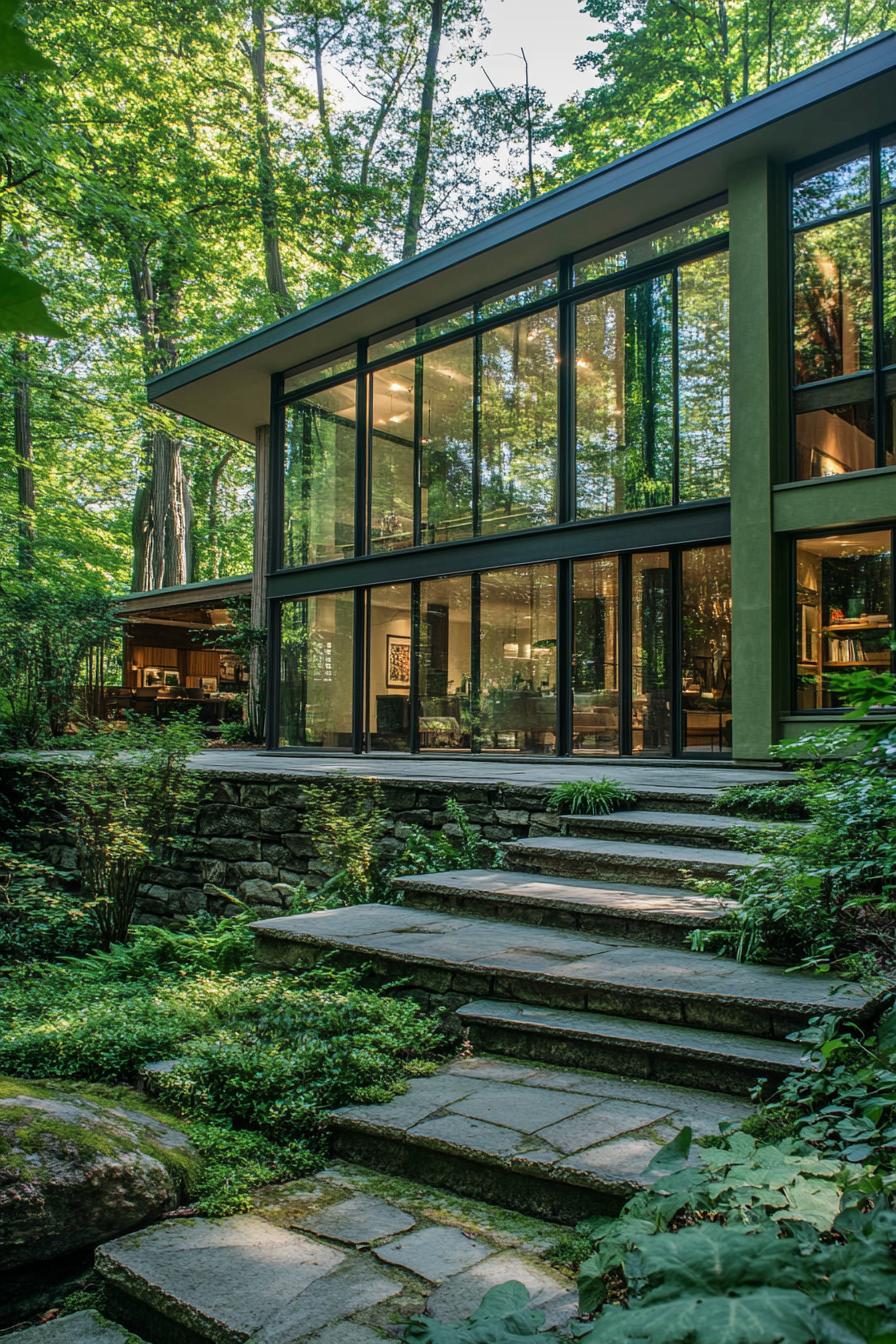 A two-story glass house enveloped by lush trees and foliage