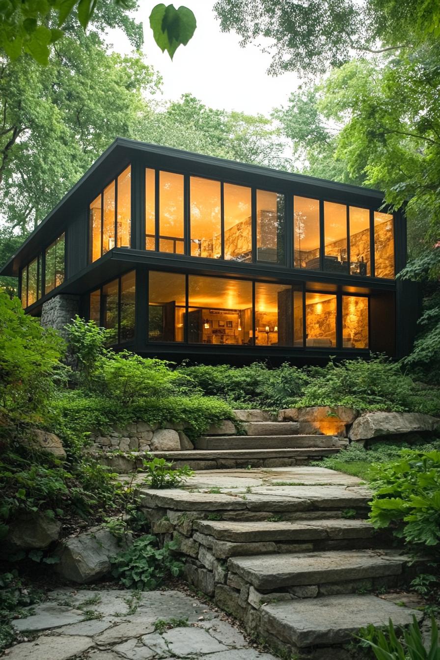 Glowing glass house surrounded by nature at dusk