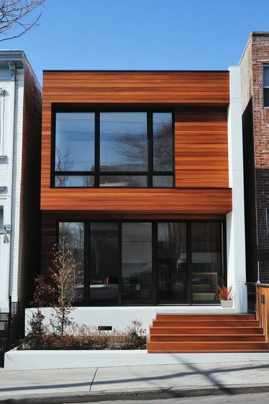 Modern house with wooden facade and large windows