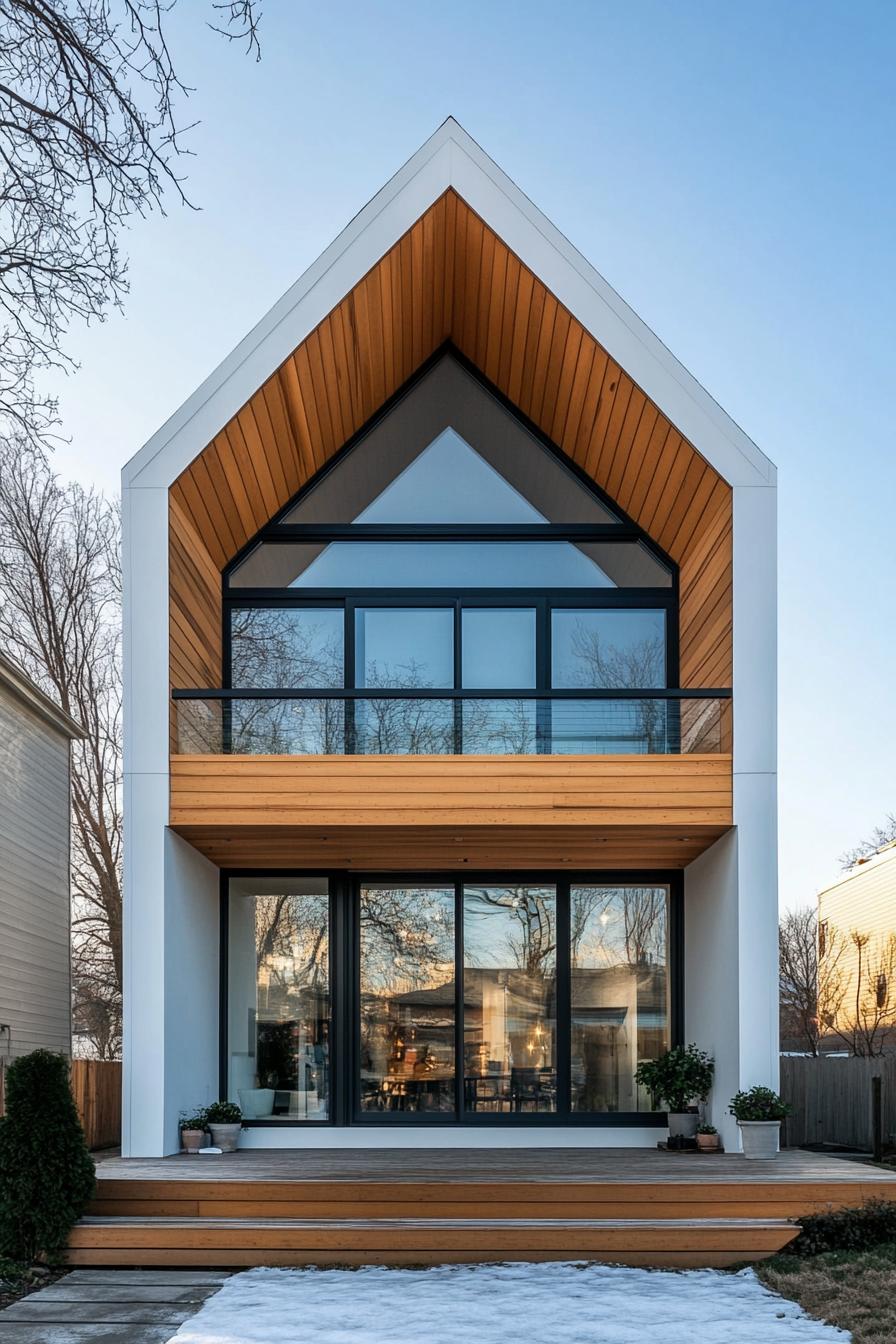 A modern house with large glass windows and an A-frame roof