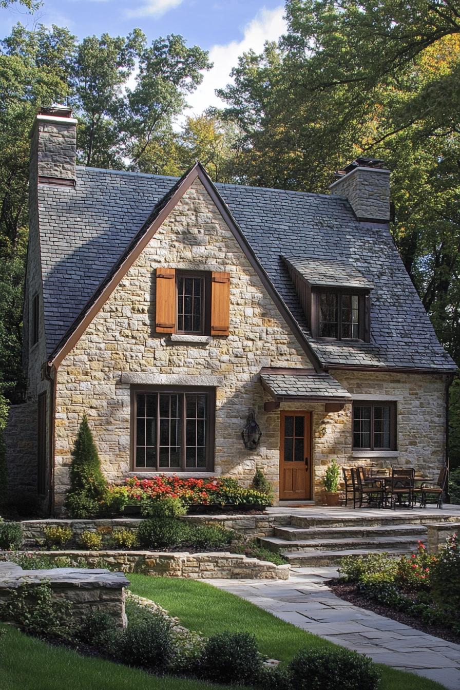 Charming stone cottage with steep roof and wooden shutters