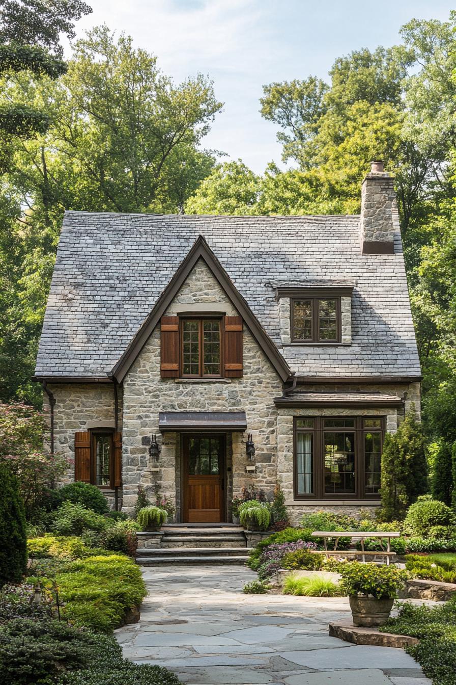 Quaint stone cottage surrounded by lush greenery, featuring classic wooden shutters