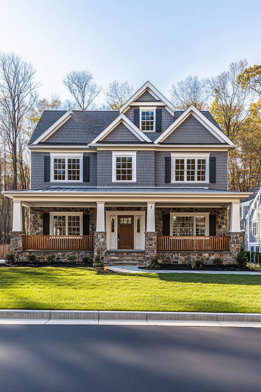 contemporary family house two story facade with traditional style combination of horizontal siding and stone accents at the base symmetrical gabled 1