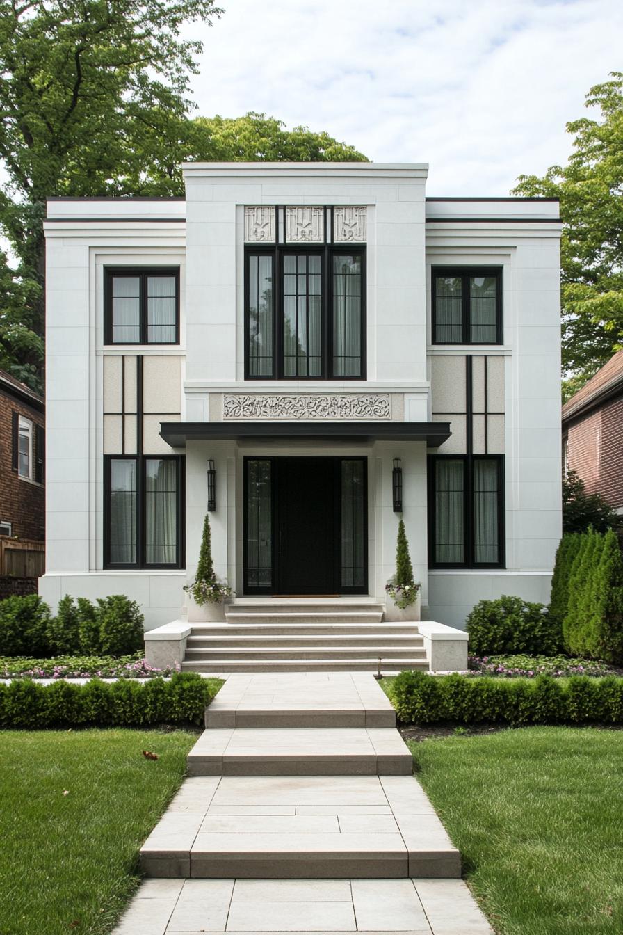 Elegant facade of a white Art Deco house with black window frames