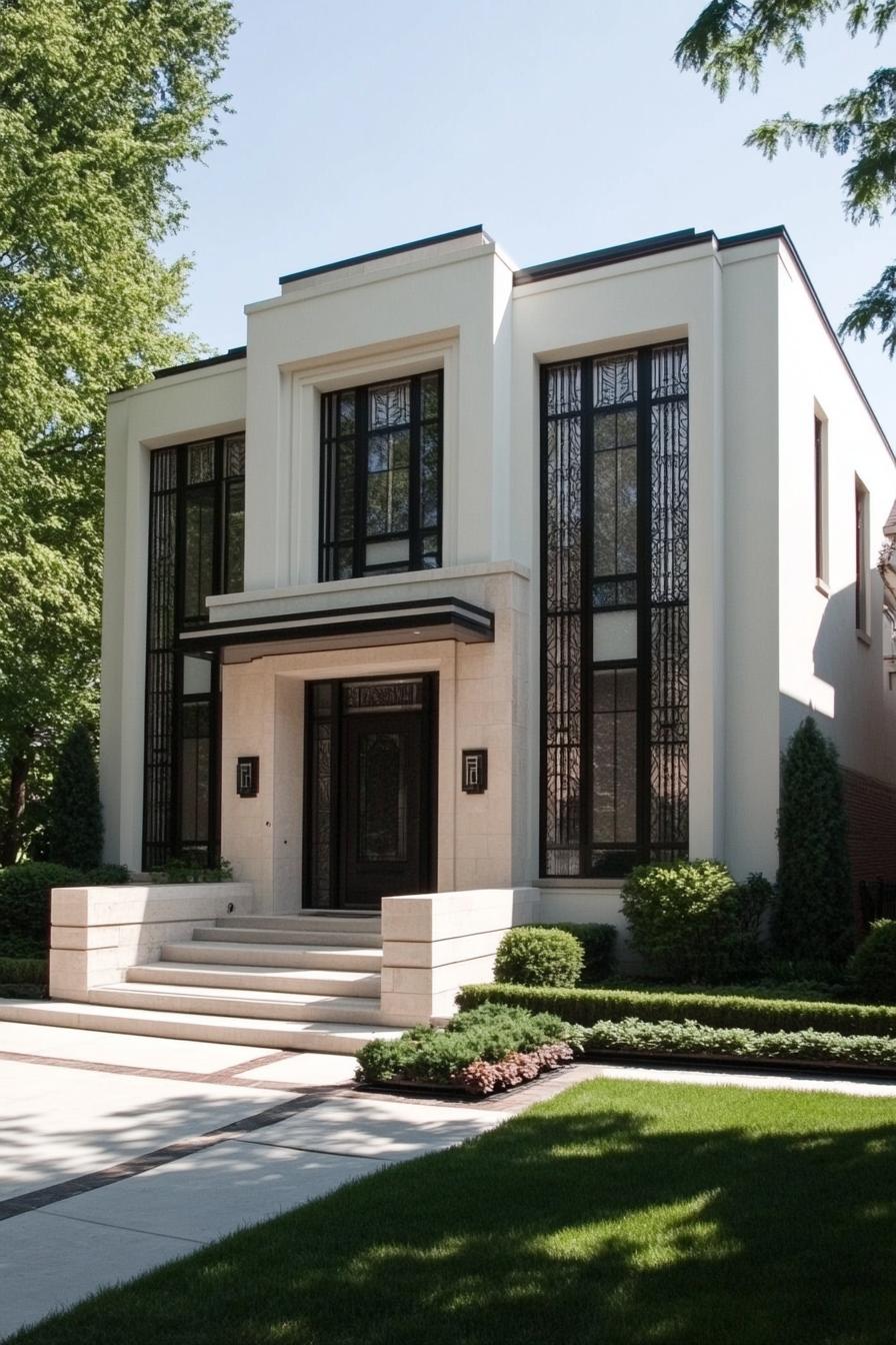 Stylish Art Deco house with large windows and lush greenery