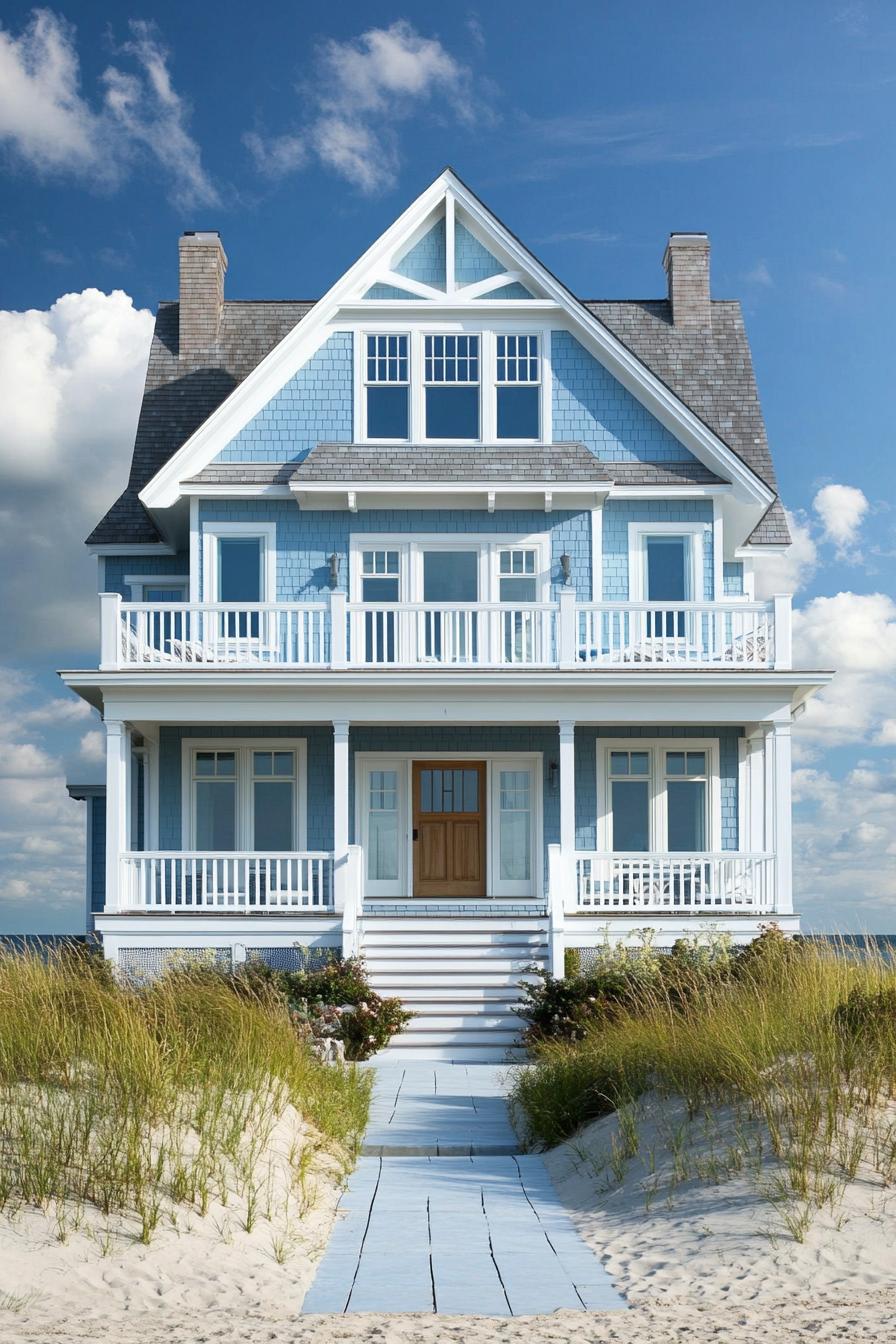 Charming blue beachfront home with white accents