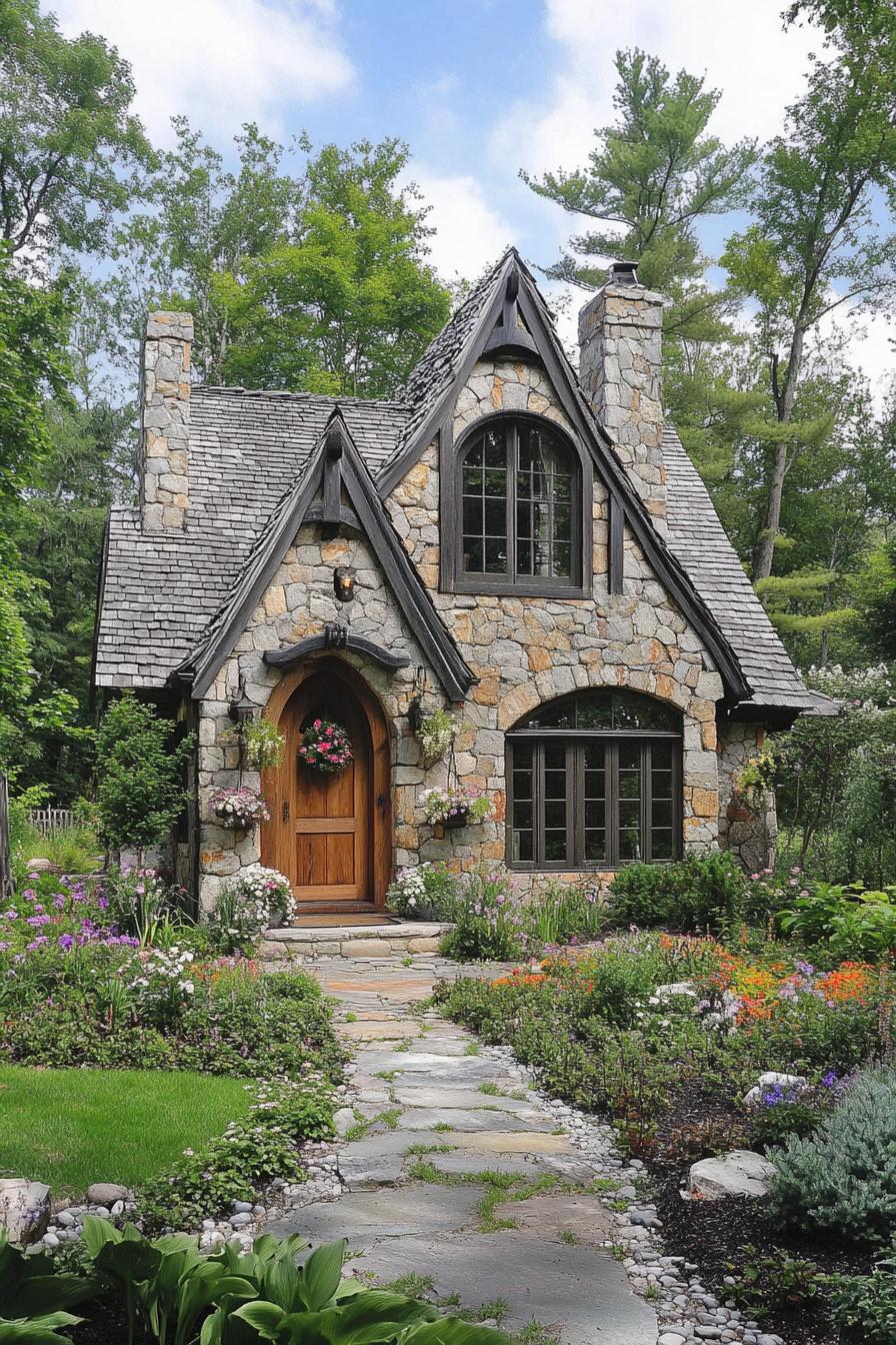 Quaint stone cottage surrounded by vibrant garden