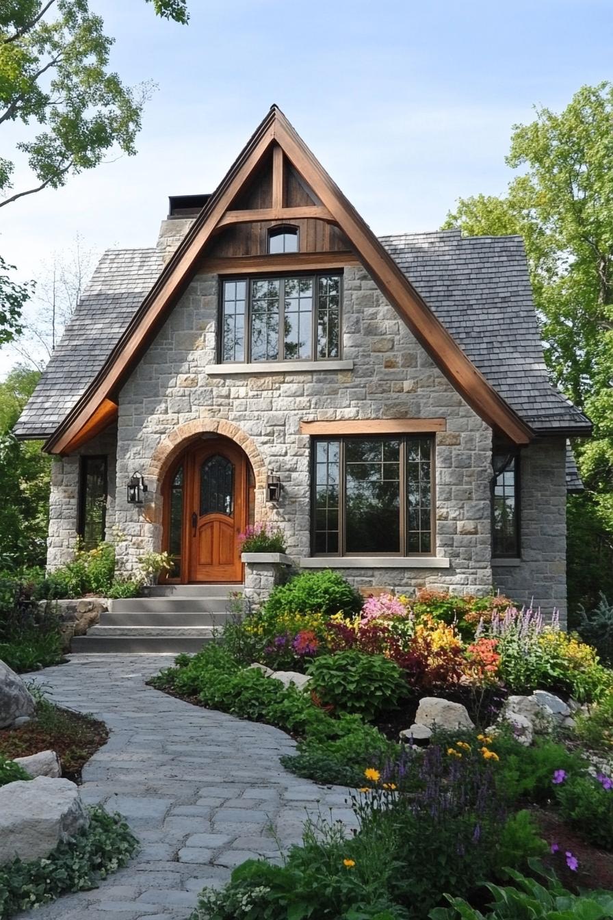 Stone cottage with a pitched roof and garden