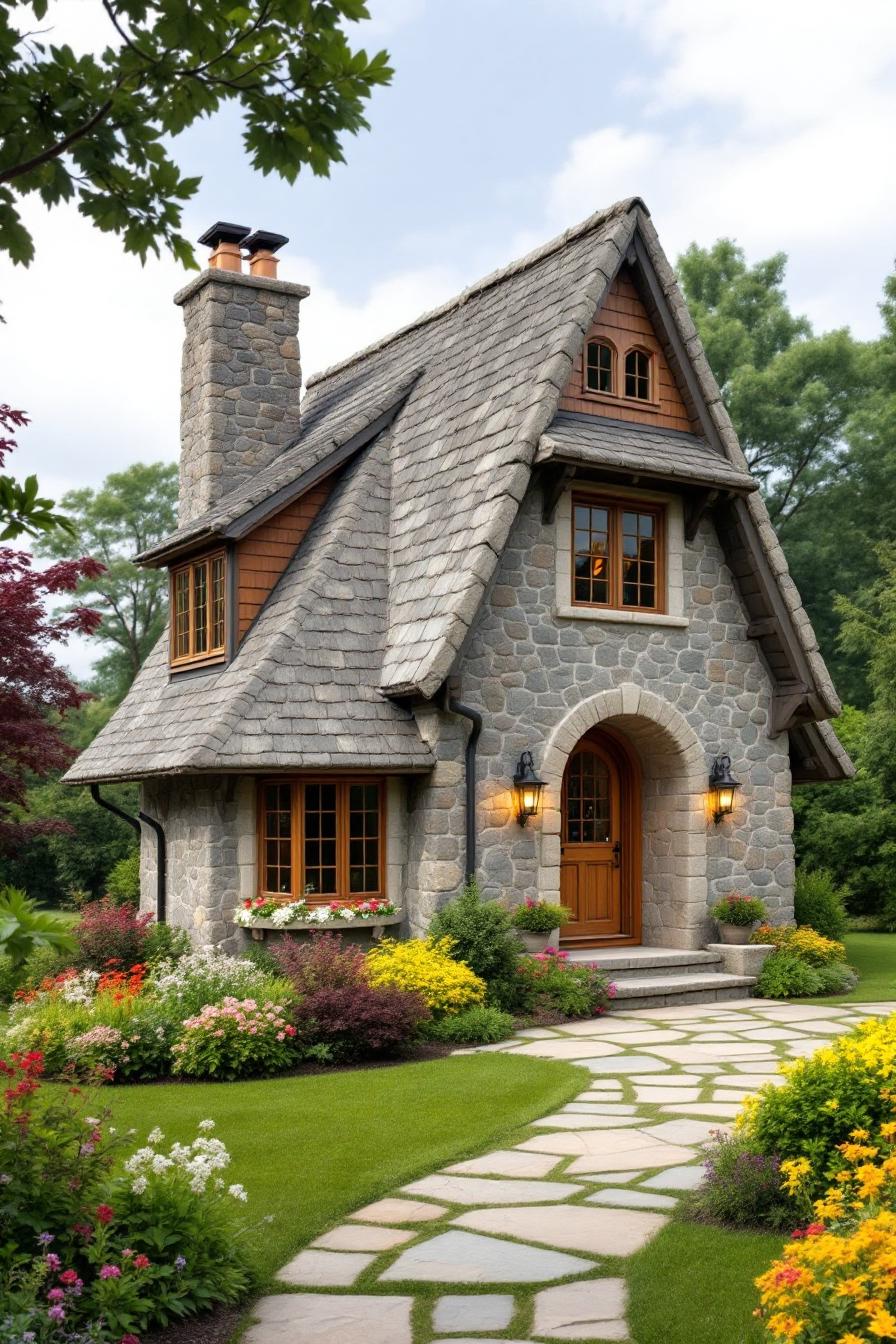 Charming stone cottage with arched door and sloped roof