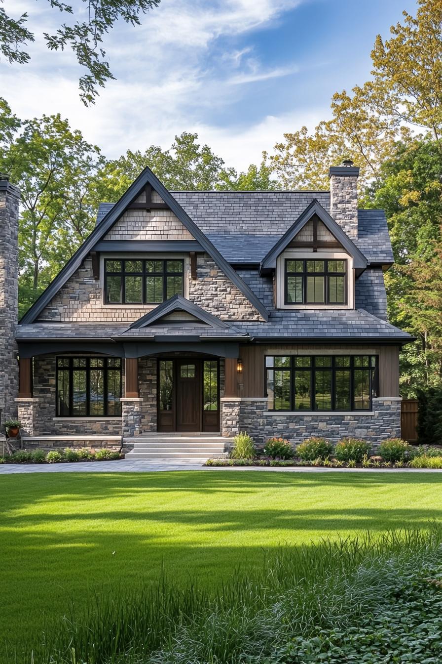 Front view of a charming stone house with a lush lawn