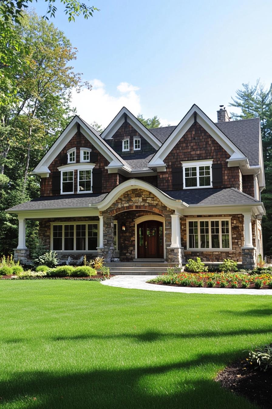 Charming stone and shingle house with lush front yard