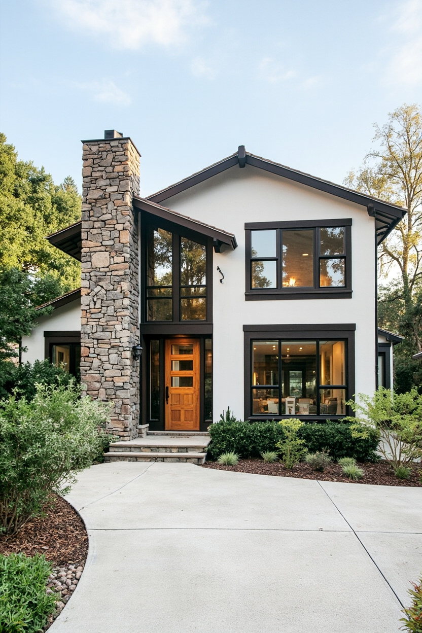 Modern house with a stone chimney and large windows