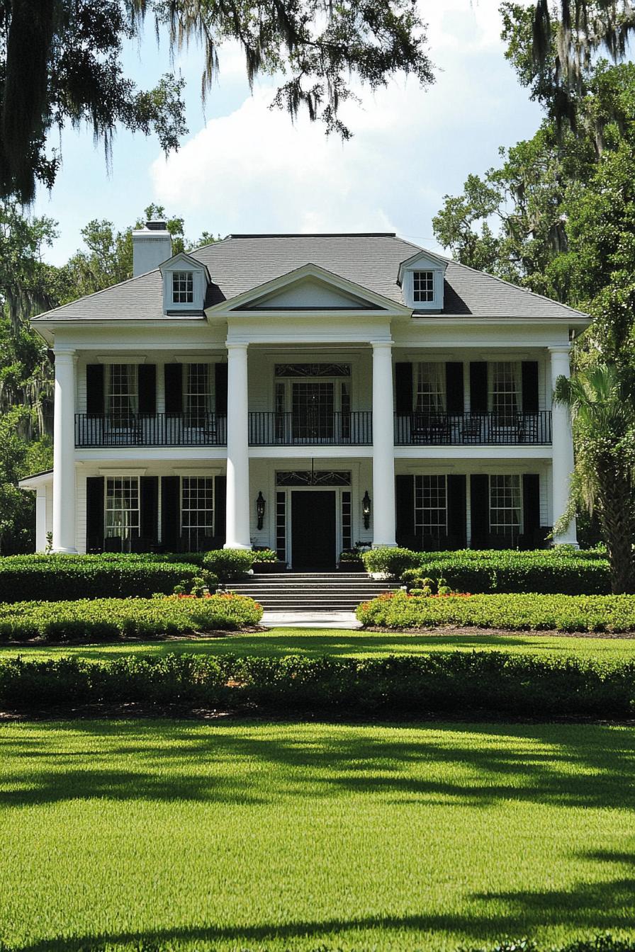 Colonial-style home with grand porch and manicured lawn