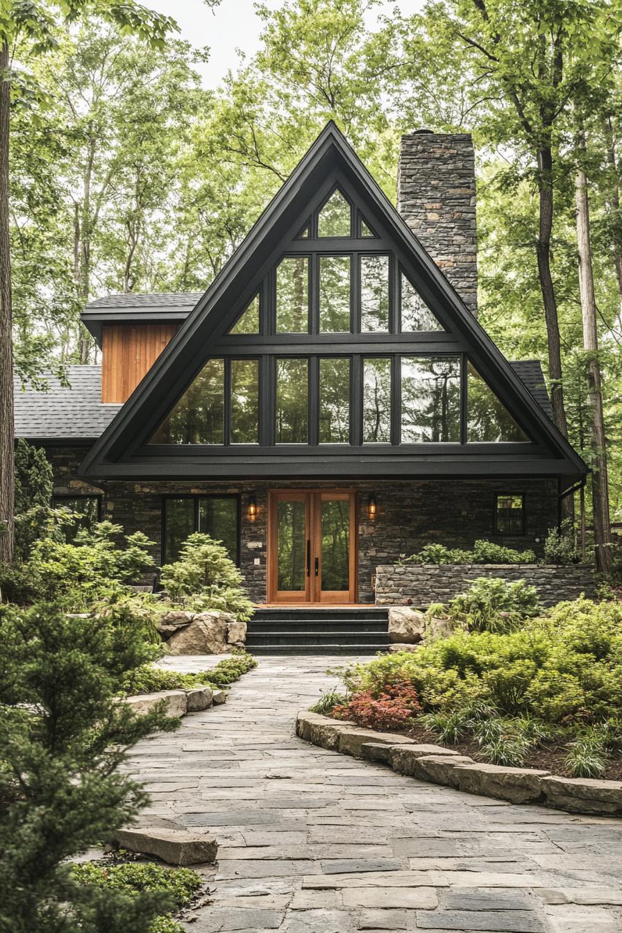 A-frame stone house with glass windows