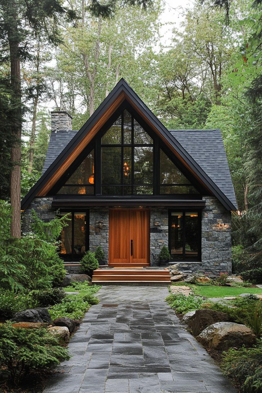 Stone cottage with an A-frame roof and wooden door