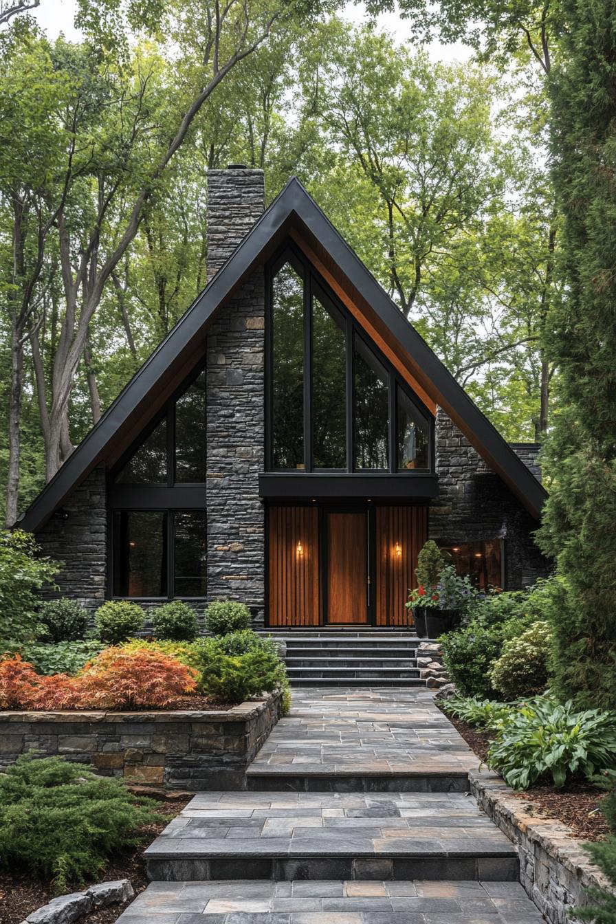 A-frame stone cottage with large glass windows