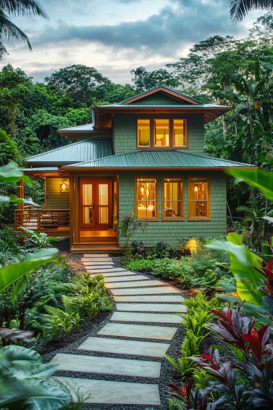 A cozy green cottage surrounded by lush tropical foliage