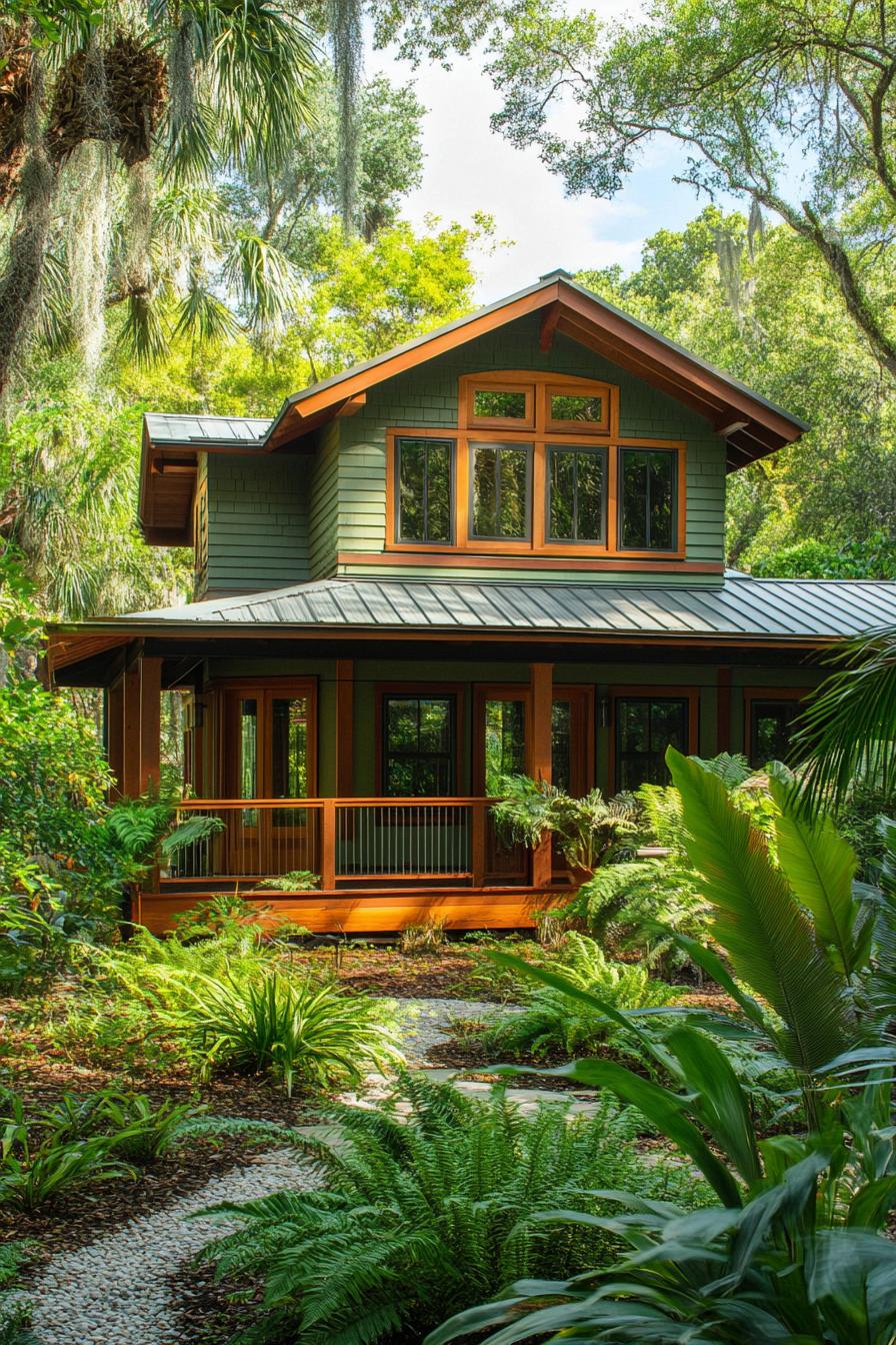 Tropical cottage amidst lush greenery