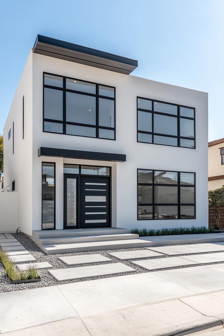 White facade with black window frames and modern design