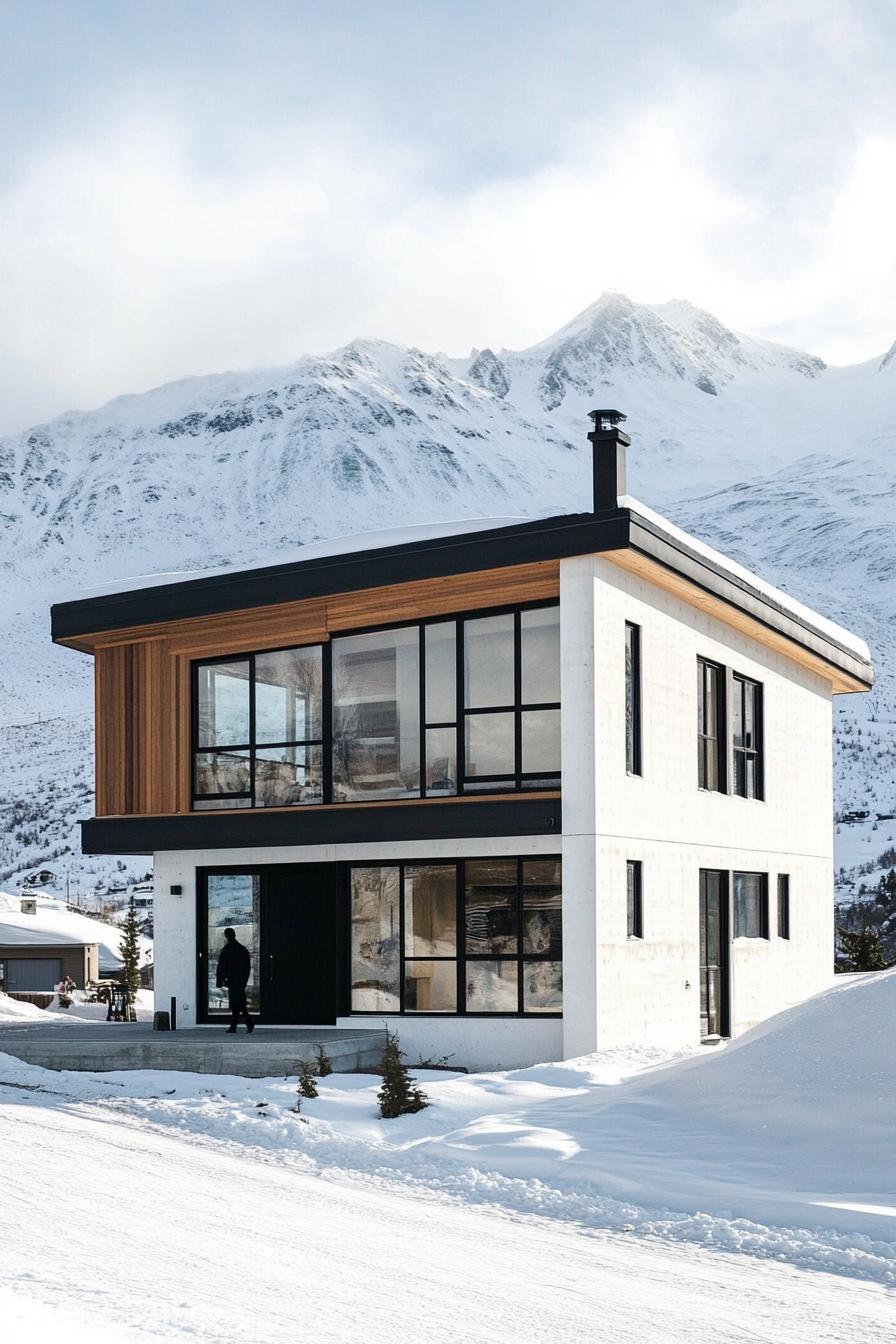 White house with striking black trim in a snowy landscape