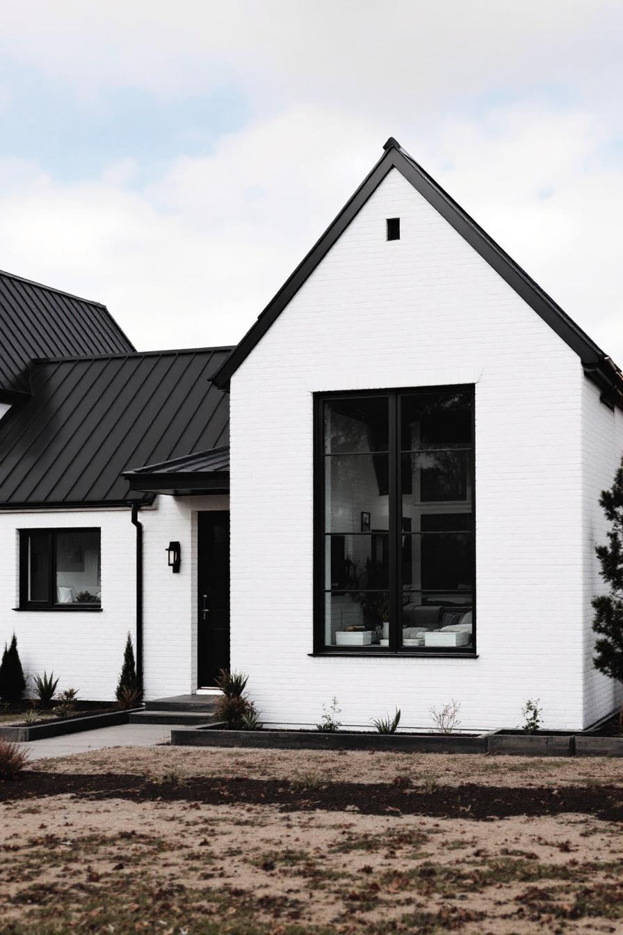 White house with black trim against a cloudy sky