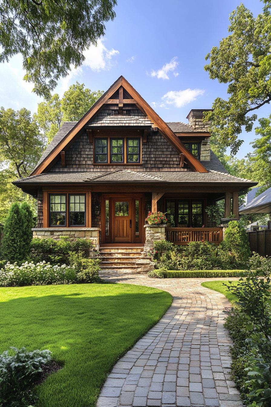 Craftsman-style cottage with stone steps and lush garden