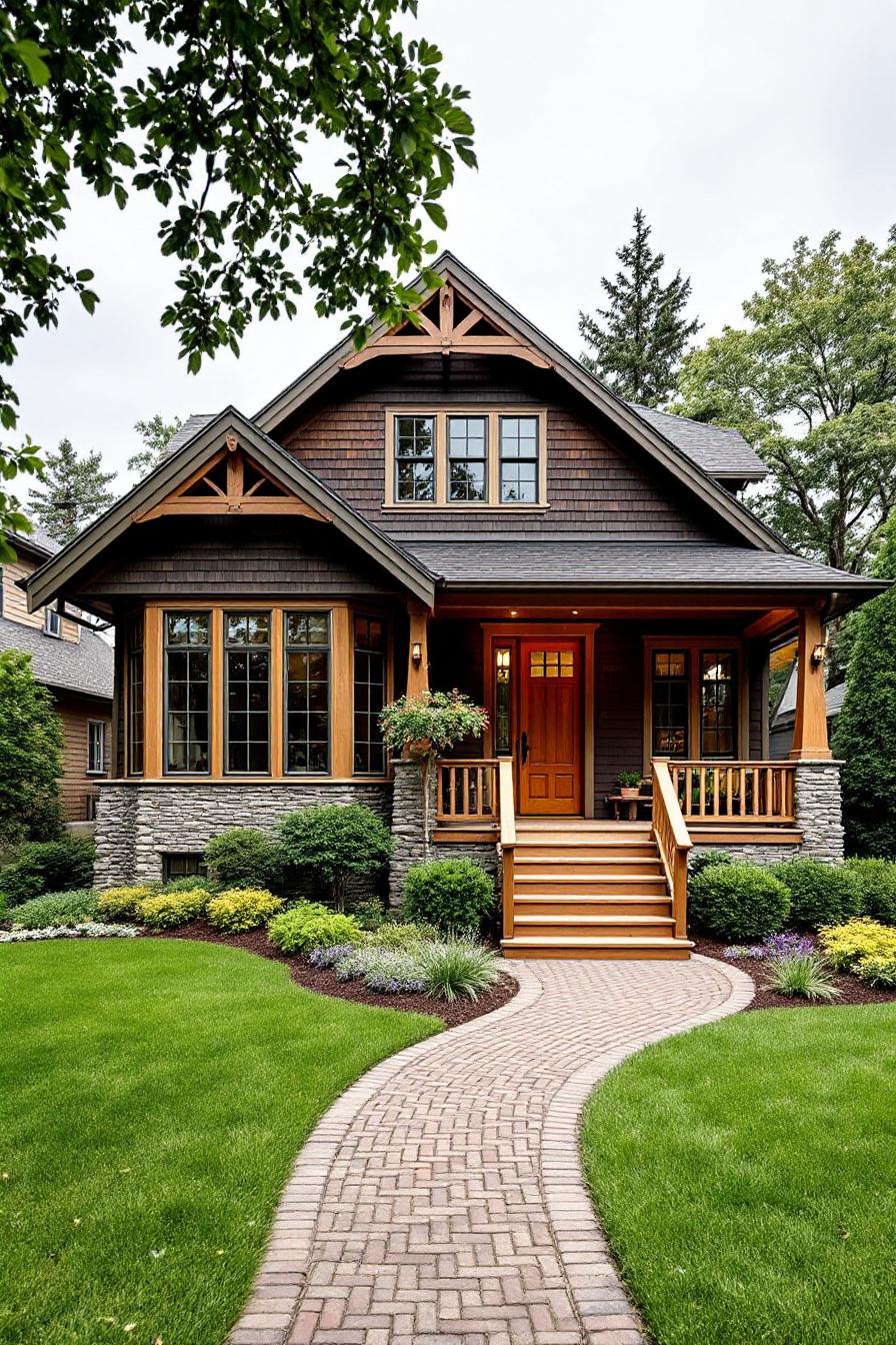 Charming cottage with wooden accents and lush yard