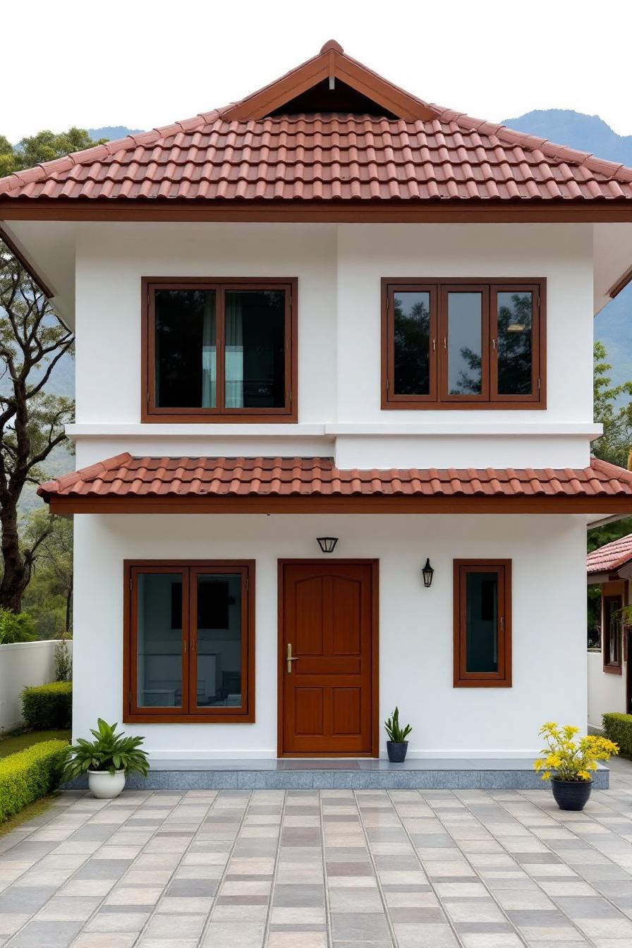 White house with red-tiled roof and wooden windows, set amidst greenery