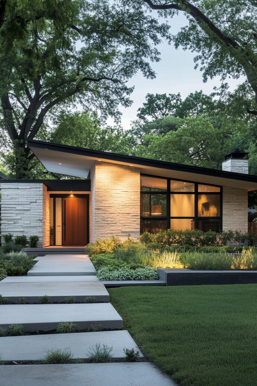 Mid-century home with angled roof and large windows surrounded by greenery